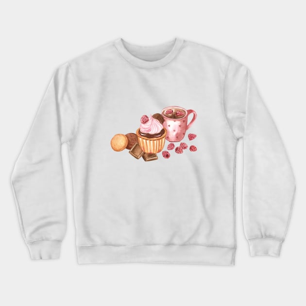 Cupcake and hot chocolate watercolor Crewneck Sweatshirt by Flowersforbear